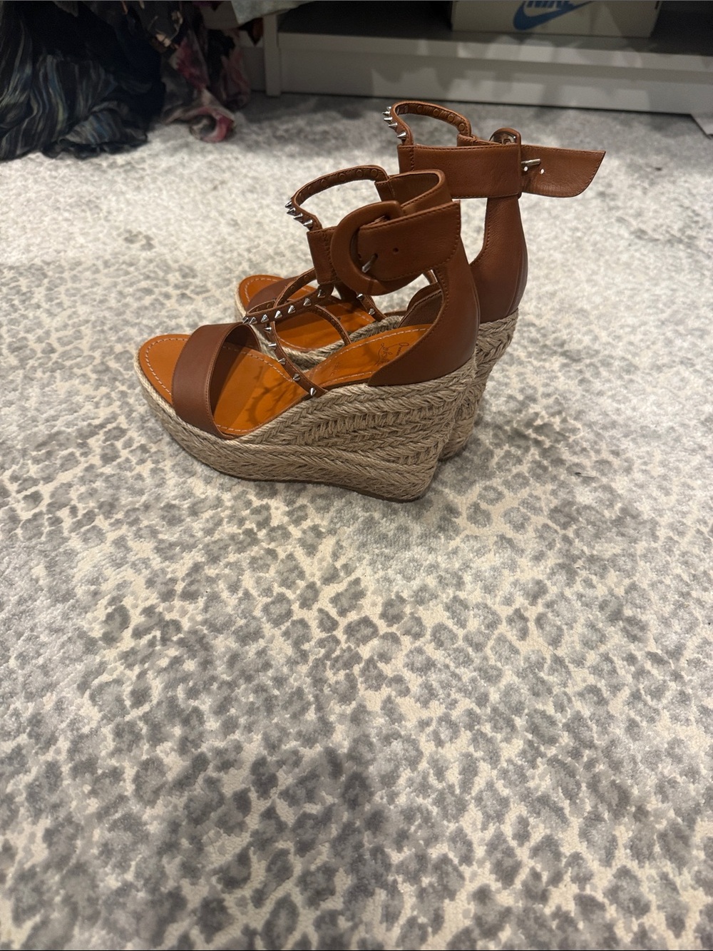 Christian Louboutin Brown Leather Studded Espadrille Wedge Sandals - Picture 2 of 4